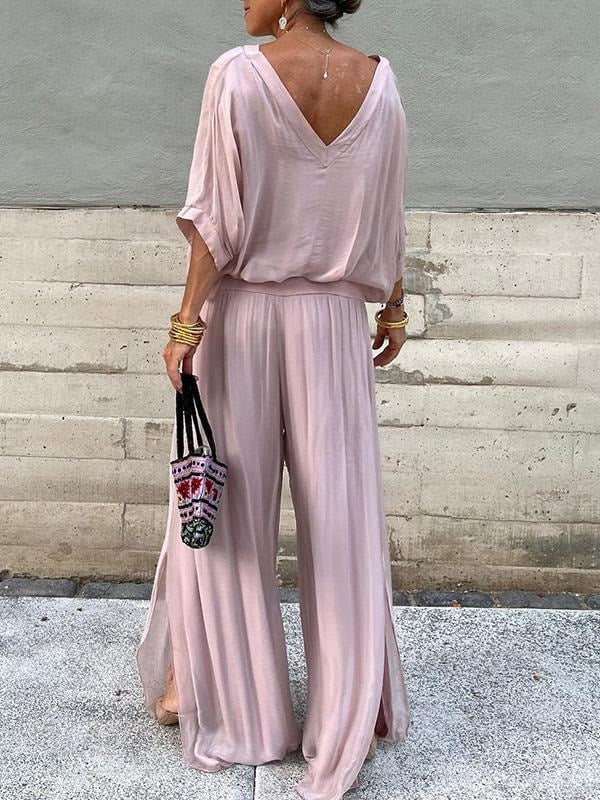 Adeline Draped Blouson Top and Wide-Leg Trouser Two Piece Set