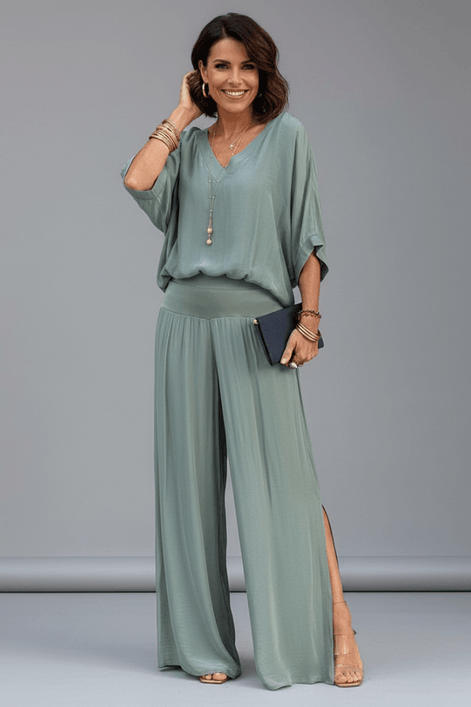 Natalie Wide-Leg Chiffon Co-ord Set with Draped Top