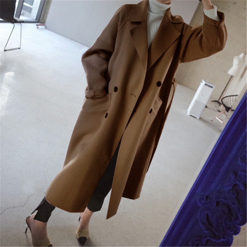 Longline Double-Breasted Women's Wool Blend Coat for Winter