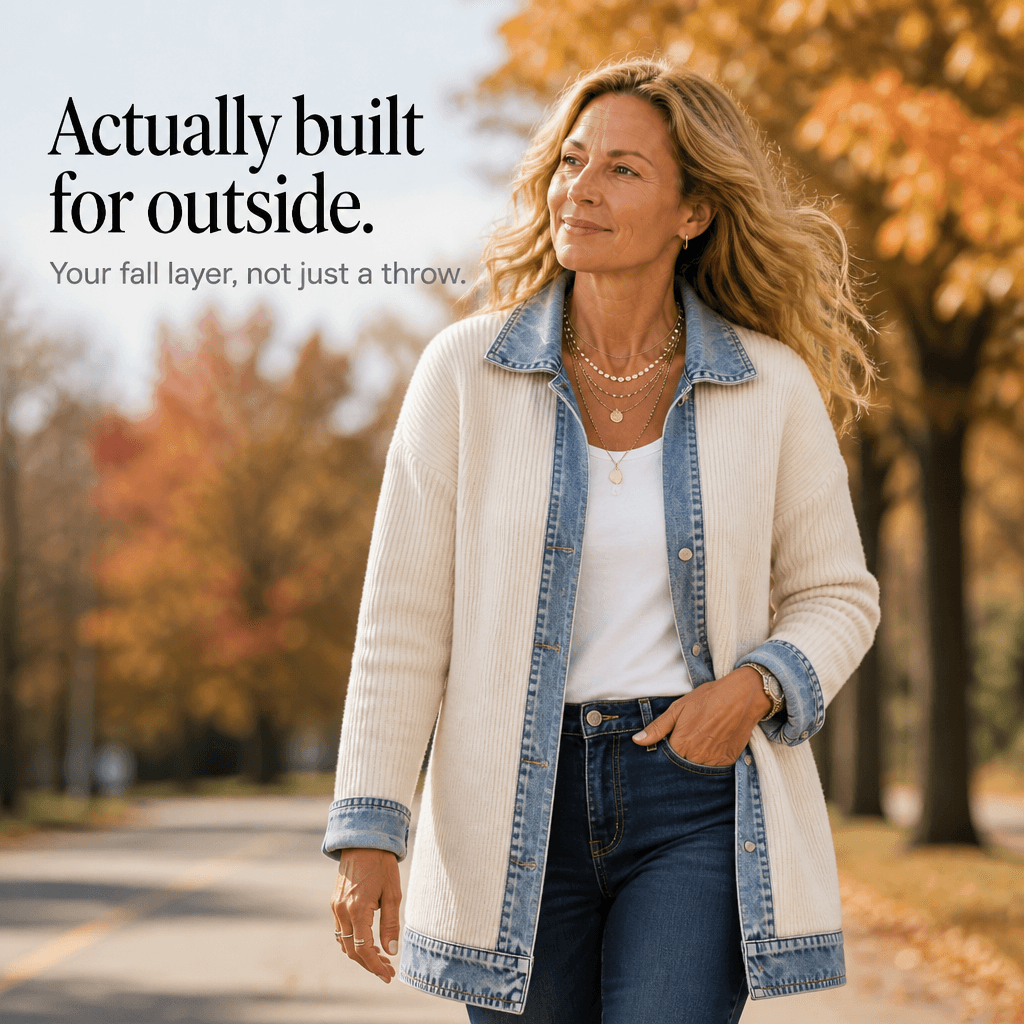 Ribbed Knit Longline Cardigan Coat with Denim Panel Detail