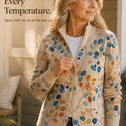 Botanical Print Zip-Up Knit Cardigan with Ribbed Trim