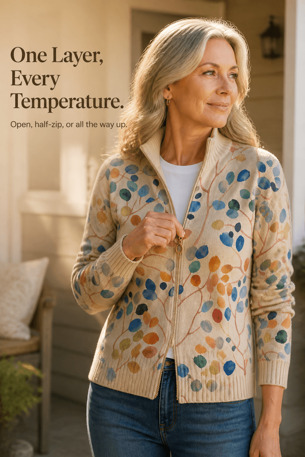 Botanical Print Zip-Up Knit Cardigan with Ribbed Trim