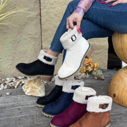Faux Shearling Cuff Buckle Boots with Block Heel