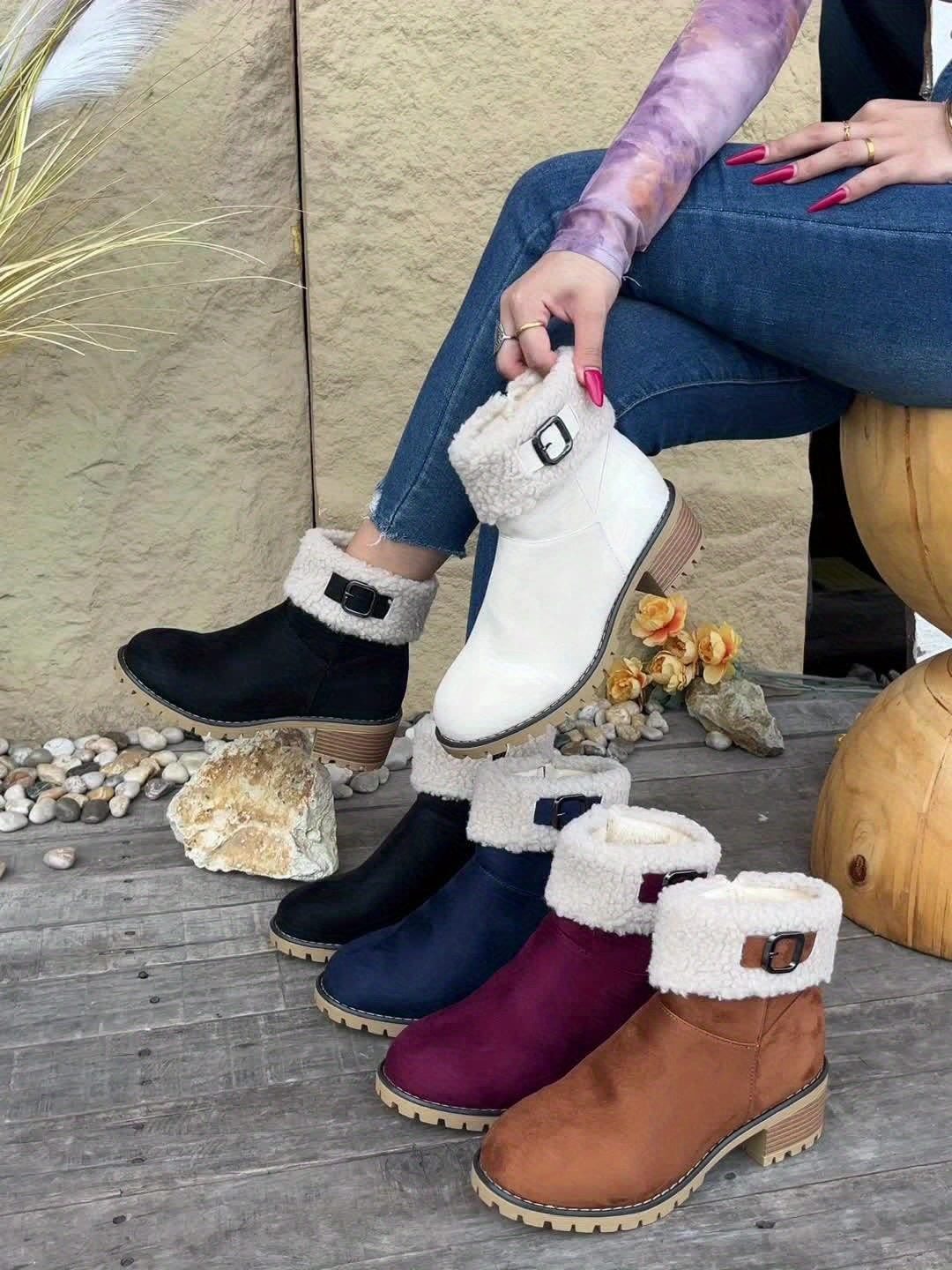 Faux Shearling Cuff Buckle Boots with Block Heel