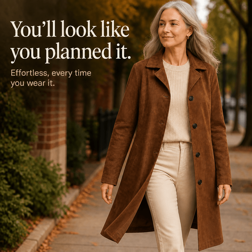 Women's Long Suede-Effect Button-Front Coat with Clean Vertical Line